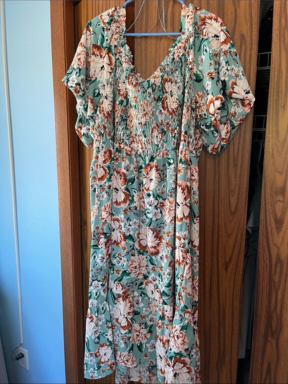 LC Lauren Conrad Mint Floral Shirred Midi Dress with Rust Accents